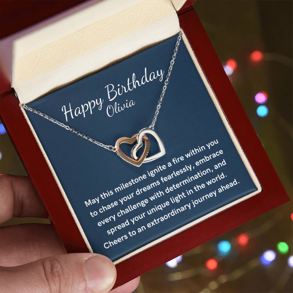 Personalized Interlocking heart Happy Birthday necklace for her
