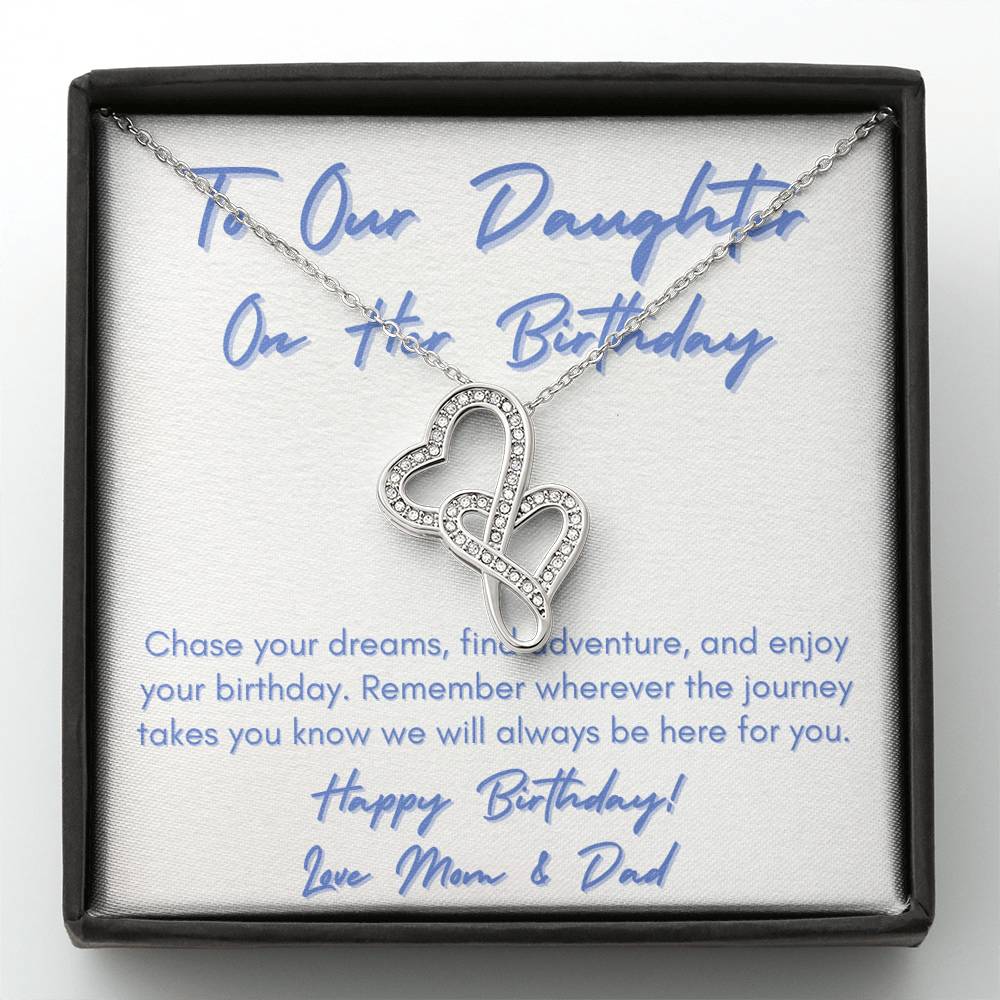 To Our Daughter on her Birthday Double heart necklace from Mom and Dad