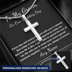 Personalized artisan-crafted Stainless Steel Cross Necklace for Groom gift from bride