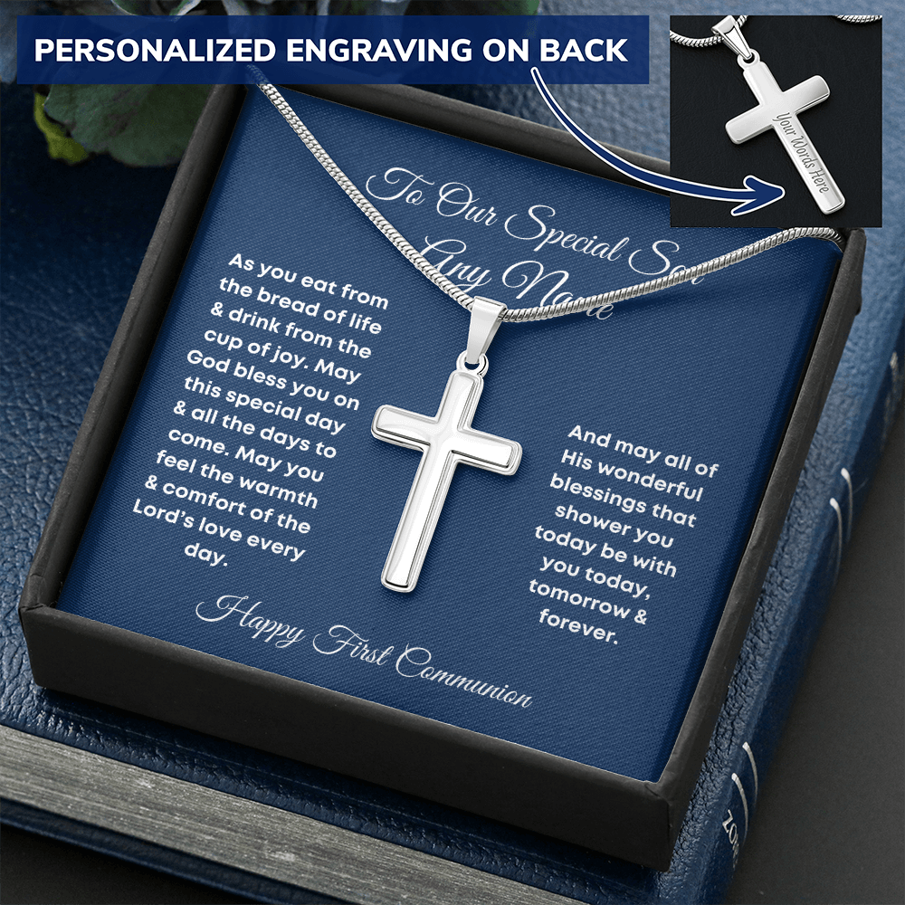 Personalized engraved Cross Necklace First Communion for son gift