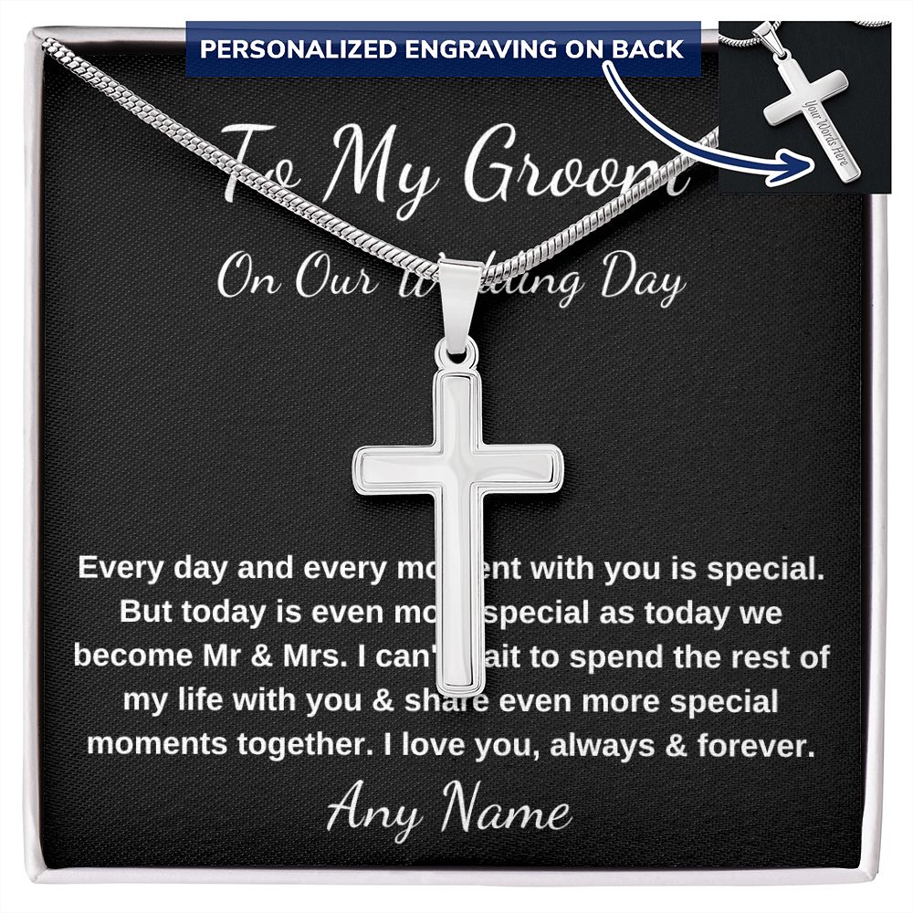 Personalized artisan-crafted Stainless Steel Cross Necklace for Groom gift from bride