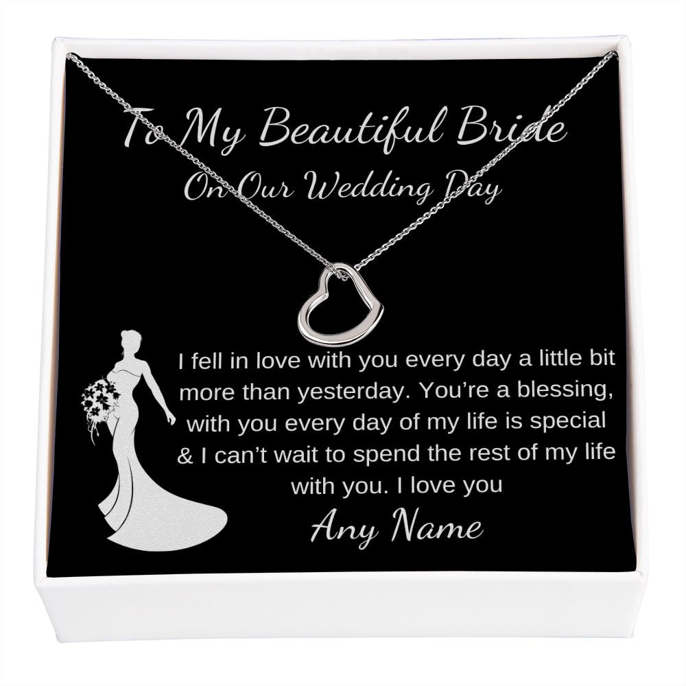 Personalized Groom to Bride Gift Wedding Day Morning keepsake delicate heart necklace