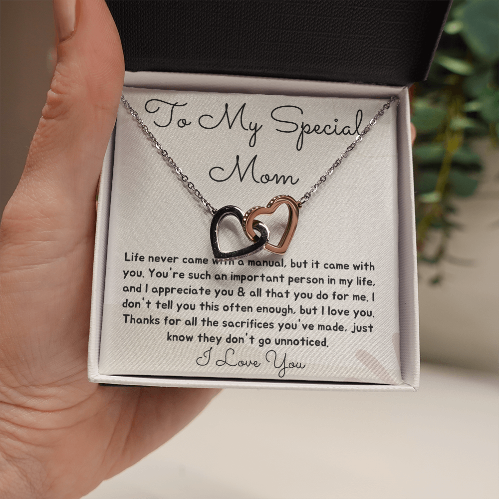 To My Special Mom interlocking heart necklace