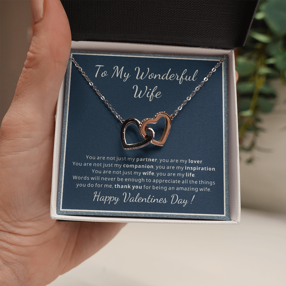 Interlocking hearts Valentines day necklace gift for wife