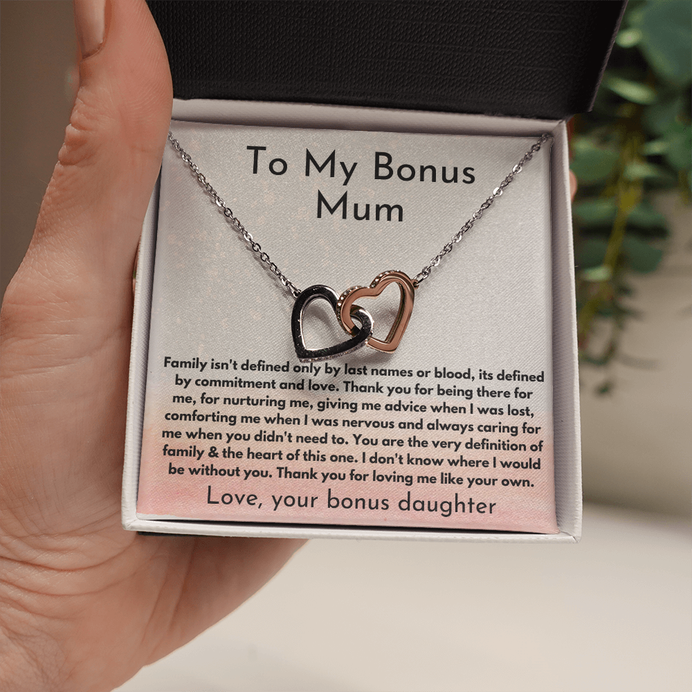 You are the heart of this family - To My Bonus Mum interlocking heart necklace