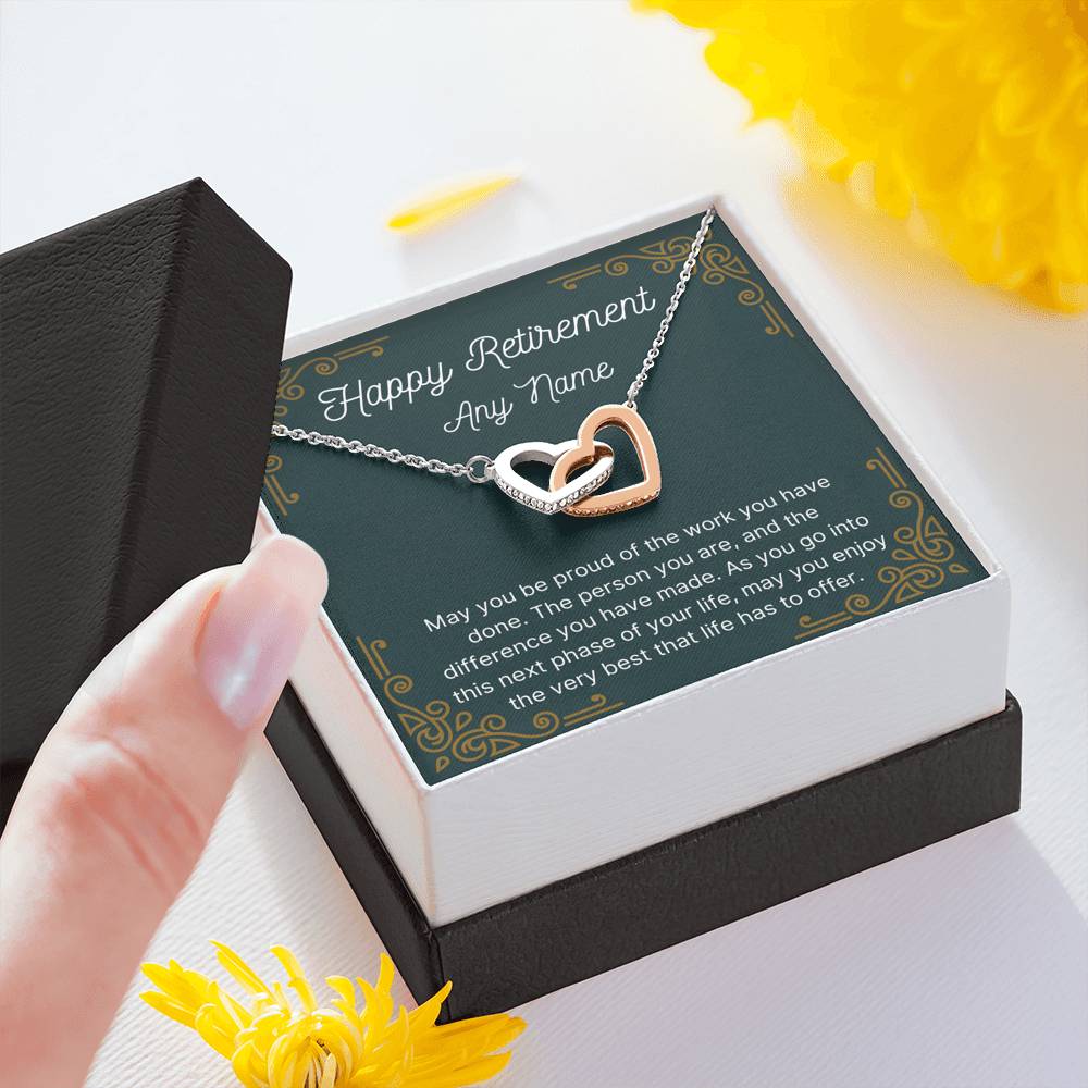 Personalized Happy Retirement interlocking heart necklace