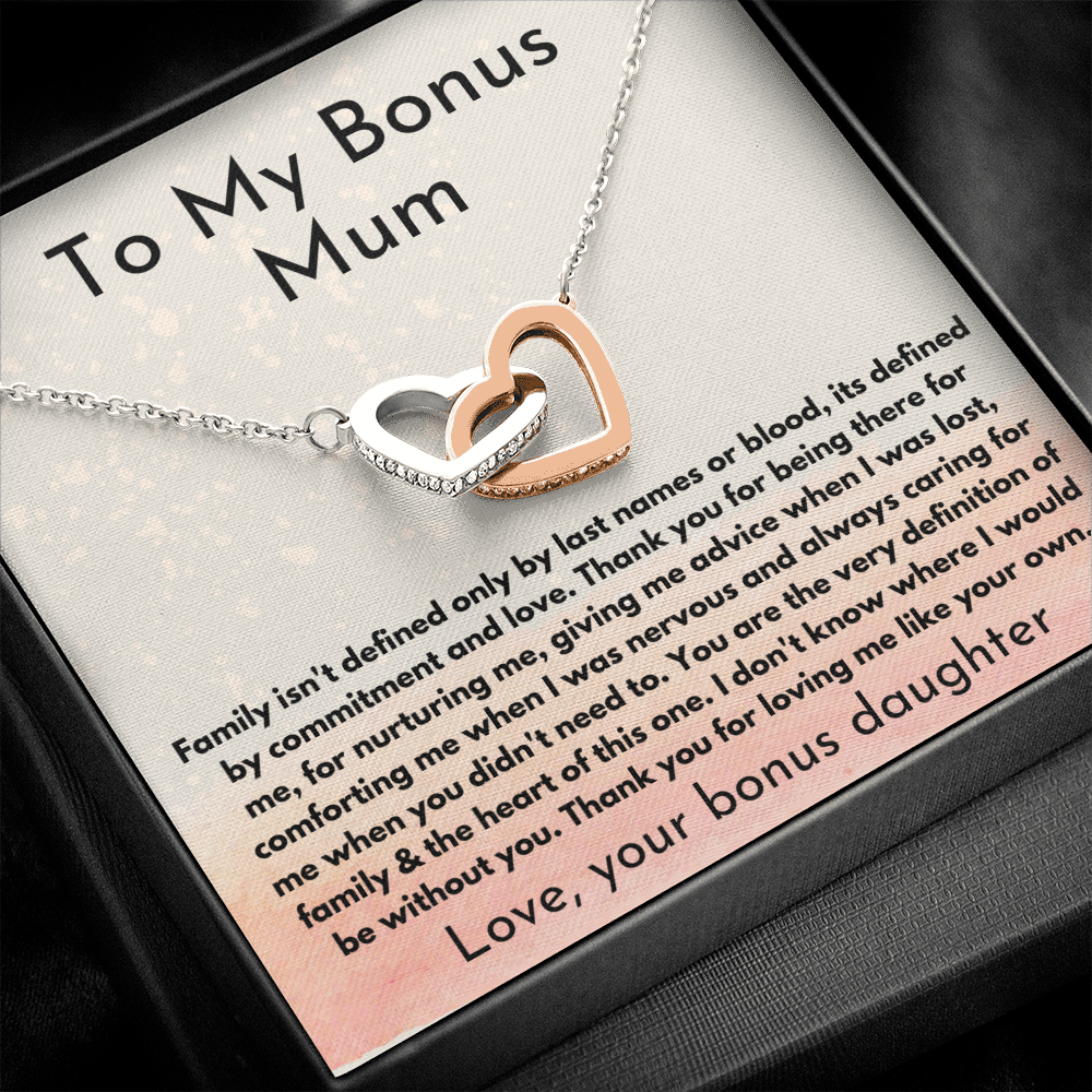 You are the heart of this family - To My Bonus Mum interlocking heart necklace