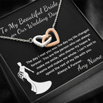 Beautiful Bride on our wedding day, gift from Groom to bride interlocking necklace