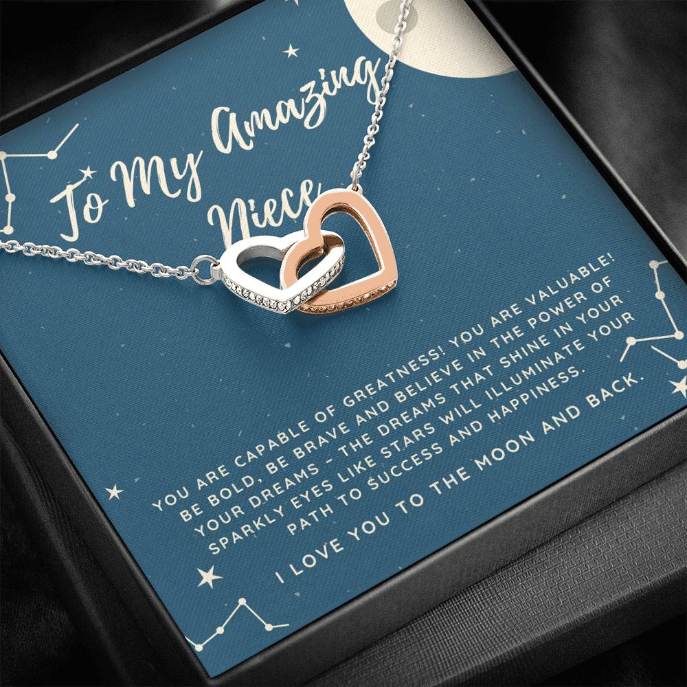 I love You to the Moon & back. To My Amazing Niece interlocking heart necklace gift