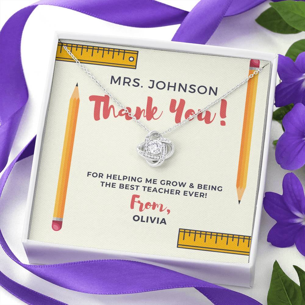 Personalized Teacher Love knot necklace,