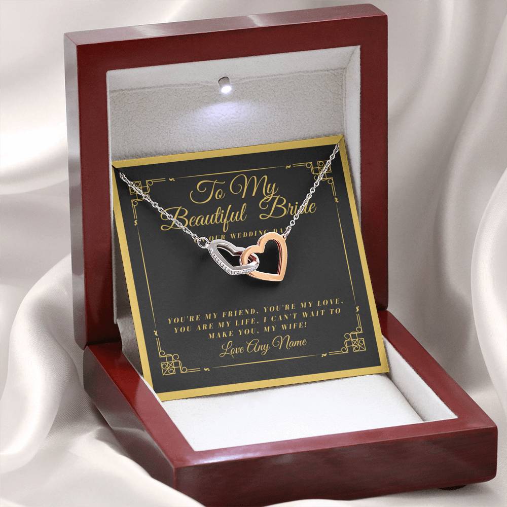 Beautiful Bride on our wedding day, Personalized gift from Groom to bride interlocking necklace